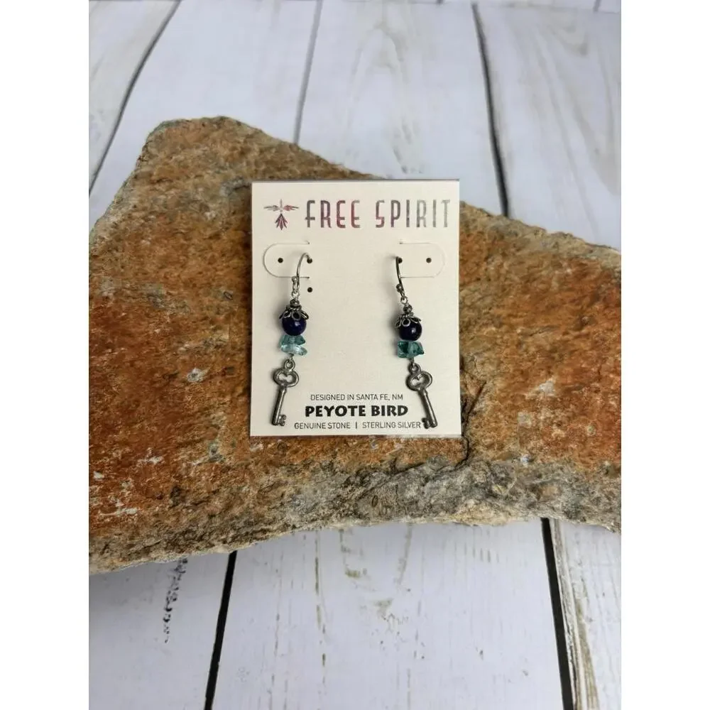 Peyote‎ Bird Free Spirit Sterling Silver Key Genuine Stone Drop Earrings J060